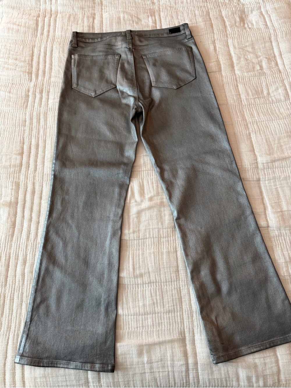NWT PAIGE Claudine Silver Shimmer Metallic Coated High Rise Flare Jeans - Picture 16 of 17